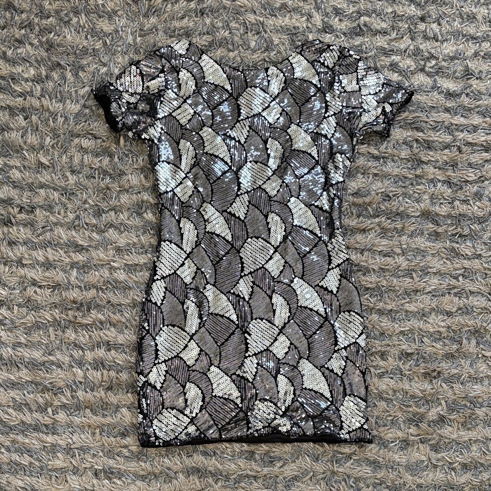 Silver and Black Sequin Open-Back Dress, Size S/M